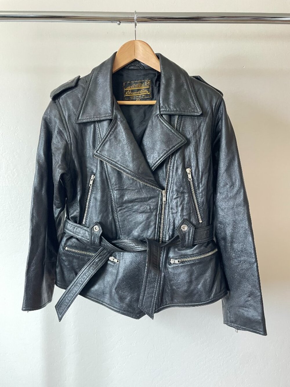 Vintage Classic Motorcycle Jacket in Italian Leather, Women's, Size M, Black